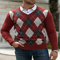 Muškarci Retro Argyle pulover Duks dugih rukava Slim Fit V džemper