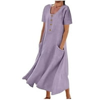 Drindf Ljetne haljine za ženska posteljina u vratu kratki rukav dugačak haljina casual gumba Pocket