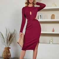 Strungten ženska modna casual čvrsta boja okrugli vrat dugih rukava A-line suknje struka šuplje šuplje