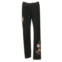 Žene vezene cvjetne hlače Grafički duksevi, francuski Terry, crna, 3x
