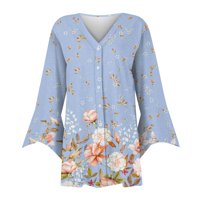 APEPAL ženski cvjetni print puff rukav kimono kardigan labav pokrov up casual bluza vrhovi svijetlo