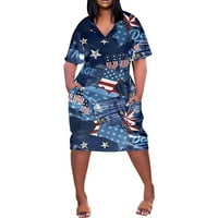 ManXivoo haljine Ženske ispis labave suknje Velike veličine Dan Neovisnosti V vrat Ležerne haljine za žene Plava