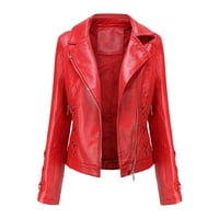 Duga kožna jakna Žene Zip ovratnika Tanak motocikl Fau Kožni odjel za odijelo stalak kaput jakna crvena