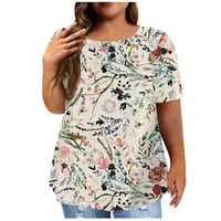 Clearsance Ljetni vrhovi okrugli dekolte casual bluza cvjetna žena labava bluze kratkih rukava, bež,