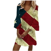Ženska haljina Dan neovisnosti Dress American Flag Odeća za ispis Mini haljina V-izrez rukavac Khaki