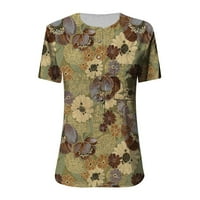 Ženski modni vrhovi cvjetni V-izrez kratki rukav pamučni posteljina majica smeđa 4xl
