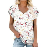 Ženska modna labava temperamenta s kratkim rukavima, pulover V-izrezom, tiskana majica, bijela, xxl