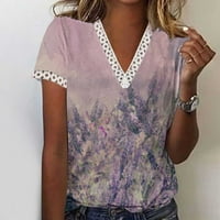 Vremenski modni ženski ljetni V-izrez čipkasti patchwork kratkih rukava casual top bluza, ljubičasta,