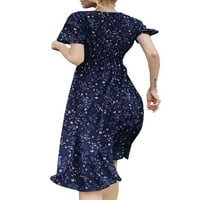 Ženska boemska V-izrez kratki rukav cvjetni ispis elastični struk midi haljina
