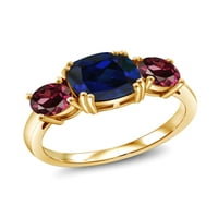 Gem Stone King 3. CT Blue stvorio je Sapphire Crveni Rhodolite Garnet 18K žuti pozlaćeni srebrni prsten