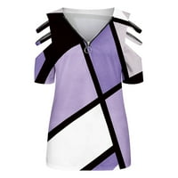 StMixi majice za žene kratki rukav V-izrez Geometrijski print ljetni osnovni vrhovi modni kvart Zip