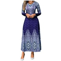 Ženske haljine s dugim rukavima odštampani casual maxi a-line V-izrez ljetna haljina plava m