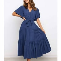 Haljine za žene Čvrsti V-izrez Fit & Flare Srednji duljina Ležerna haljina kratkih rukava Tamno plava