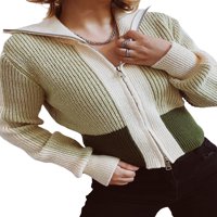 Hirigin Women pada Zip up džemper, pletena boja patchwork rever dugih rukava dvostruka jakna sa patentnim