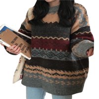 Seyurigaoka žene Zimski džemperi Vintage Geometrijski print Pulover dugih rukava okrugli vrat labavi