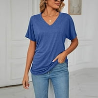 Ženske bluze Ženska modna casual udobna čvrsta boja V-izrez kratki rukav top bluza Royal Blue XL