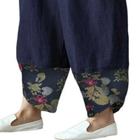 Žene štampane patchwork pamučne posteljine obrezane široke noge devete pantalone