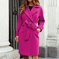 Entyinea kaputi za žene za žene Dužina dvostruka kaput reverska jakna s kaišem vruće ružičaste s
