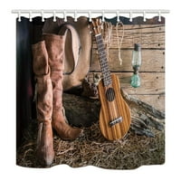 Zapadni rodeo kaubojski šešir i gitara na drvenoj poliesterskoj tkanini zastanu za tuširanje