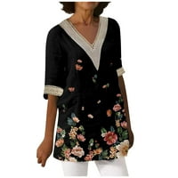 Feterrnal ženska modna labava ležerna štampana čipkasti patchwork V-izrez Srednja rukava majica Top