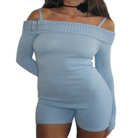 Žene Slim Fit pletene Rompers od ramena s dugim rukavima reprodukcijske kratke hlače od punog boja Bodysuit