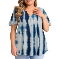 Ženska modna ležerna tiskana vrhovi labavi V-izrez ruffle s kratkim rukavima plus veličina plava xl