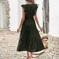 Haljine za žene ženski a-linijski dugi čvrsti bez rukava V-izrez vruće prodaje A-line haljine tamnozeleni