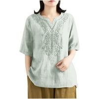 Ljetni vrhovi za žene plus veličine Trendi kratki rukav izvezeni bluza s V-izrezom, svijetloplava, xxxl
