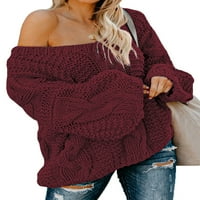 Rosfany Ženski pulover džemper V izrez dugih rukava predimenzionirani Chunky kabel pletene džempere