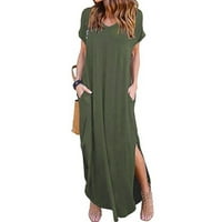 Ženske haljine klirence kratki rukav A-line maxi modni solidni izrez ljetna haljina vojska zelena s