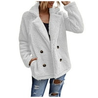 Cuhas Womens kaputi jakne za žene dugih rukava zimski plišanje reverl dvostruko dugme plišane žene bijele