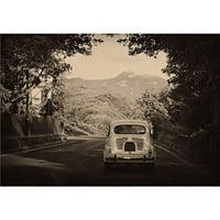 Zid - Sepia fotografija retro automobila odlaska u planine - uklonjiva zidna zidna muralna