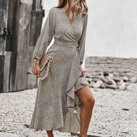 Clearsance Ljetne haljine za žene V-izrez Moda cvjetna srednja dužina A-line dugih rukava smeđu rukave