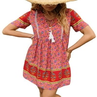 Xkwyshop ženske ljetne haljine kratki rukav V-izrez visoki struk cvjetni print Mini boho sunčana haljina