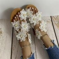 Ženske dame modne ležerne cvjetne biserne ravne sandale prstene cipele za plažu bijele 38