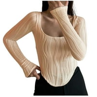 Izrez s dugim rukavima od vrata čvrstog pulover labavih bluze žene Žene Ljetne vrhove klirence bež veličine