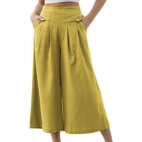 Knqrhpse hlače za žene ženski pamučni elastični struk široki noga Capris džepne casual pantalone labave