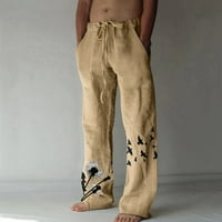Muške ljetne pamučne posteljine široke hlače za noge tiskane čipke za slobodno vrijeme sportske hlače bež xxl b200