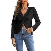 Plain V izrez ženska majica Žene Satin V izrez Twist Prednji gornji dijelovi dugih rukava Casual bluza