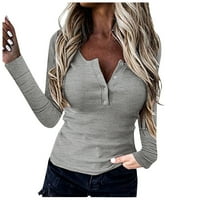 Košulje s dugim rukavima za žene, žensko dugme V-izrez Slim tee majica Solid Color Print casual bluza