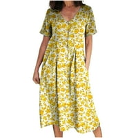 Ženske ljetne haljine jakna haljina V-izrez s kratkim rukavima, tiskani žuti xl