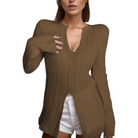 Ženska labava fit s dugim rukavima Pleteni džemper casual lazy stil Split base majica ženske vrhove