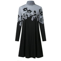 Zimske haljine za žene Ženska dama Patchwork Printing dugih rukava O-izrez Turtleneck haljina crna m