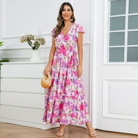 Ljetne haljine za žene s kratkim rukavima za tisak cvjetnog uzorka V-izrez ruffle midi fit i flare svakodnevno