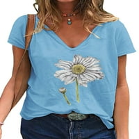 Pfysire Womens Daisy Ispis majica Ljeto V izrez kratki rukav bluza s kratkim rukavima Top Blue 5XL