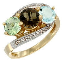 14k žuto zlato prirodno zeleno ametist, dimljiv Topaz & Aquamarine kameni prsten okrugli dijamantni