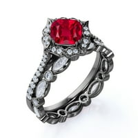 1. Carat Princess rezan laboratorij stvorio rubin venčani set - Art Deco prsten za bend - 18K crno zlato