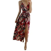 Miayilima Midi haljine za žene cvjetne tiskane bez rukava elegantne večernje haljine snimka V-izrez