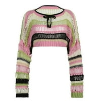Ženski džemperi jesen trendovska kontrastna boja šuplja vunena bluza Nova okrugla vrata dugih rukava