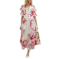 Ljetne haljine za žene cvjetni print v dugme Crt Cardigan haljina kratkih rukava Formalna haljina za